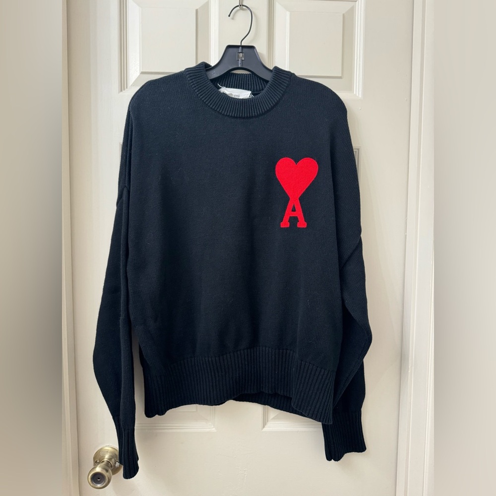 Ami Black Crew Neck Sweater with Big Red Heart Logo